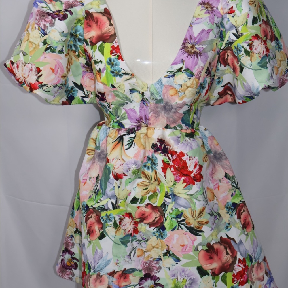 Floral V-Neck Dress with Puff Sleeves